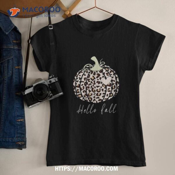 Hello Fall Animal Print Leopard Heart Pumpkin Halloween Shirt