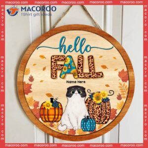 Hello Fall, Leopard Print, Personalized Cat Autumn Wooden Signs