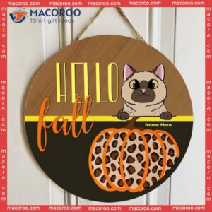 Hello Fall, Pumpkin Leopard Print, Personalized Cat Wooden Signs