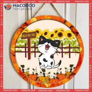 Hello Fall Ya’ll, Sunflowers And Pumpkin Around, Personalized Cat Autumn Wooden Signs