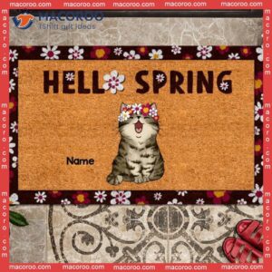 Hello Spring Cat With Sakura Flower Wreath Outdoor Door Mat, Personalized Doormat, Gifts For Lovers