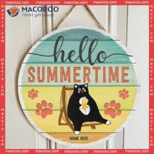 Hello Summer Time, Cats And Deckchair, Personalized Cat Wooden Signs