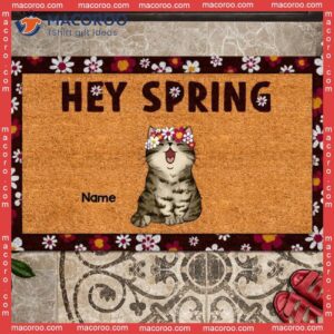 Hey Spring Chubby Cat With Sakura Flower Wreath Outdoor Door Mat, Gifts For Lovers, Personalized Doormat
