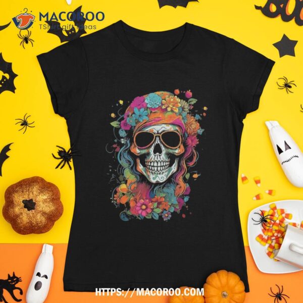 Hippy Skull Groovy Halloween Graphic Teens Girls Shirt, Sugar Skull Pumpkin