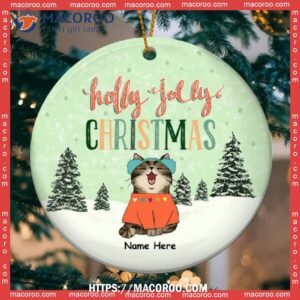 Holly Jolly Christmas Circle Ceramic Ornament, Green Pastel Background, Cat Christmas Ornaments Personalized