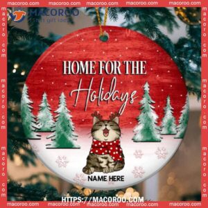 Home For The Holidays Faded Red Wooden Circle Ceramic Ornament, Cat Tree Ornaments
