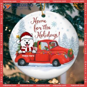 Home For The Holidays Red Truck Circle Ceramic Ornament, Personalized Dog Lovers Decorative Christmas Ornament