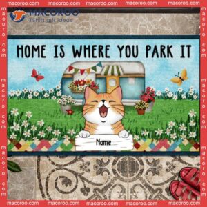 Home Is Where You Park It Camping Front Door Mat, Gifts For Cat Lovers, Personalized Doormat