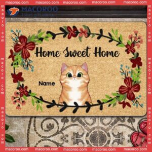 Home Sweet Flower Wreath Outdoor Door Mat, Gifts For Cat Lovers, Personalized Doormat