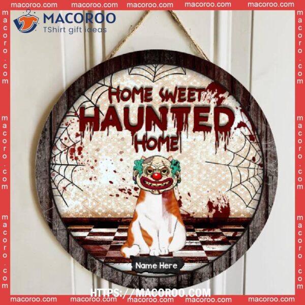 Home Sweet Haunted Home, Cats Standing On Red Checkered Floor, Halloween Costume, Personalized Cat Wooden Signs, Halloween Gifts For Her