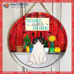 Home Sweet Home, Cats Front Red Door With Cactus, Personalized Cat Wooden Signs