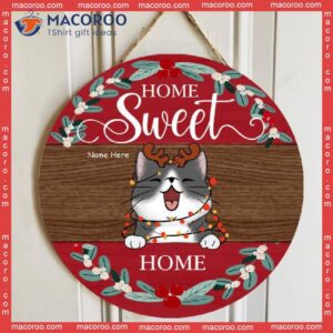 Home Sweet Home, Red Top And Bottom, Personalized Cat Christmas Wooden Signs