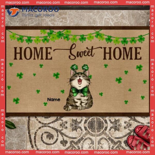 Home Sweet Shamrocks Decor Outdoor Door Mat, Gifts For Cat Lovers,st. Patrick’s Day Personalized Doormat