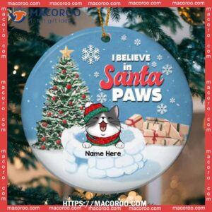 I Believe In Santa Paws White Blue Circle Ceramic Ornament, Kitty Ornaments