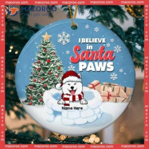 I Believe In Santa Paws White Blue Circle Ceramic Ornament, Personalized Dog Lovers Decorative Christmas Ornament