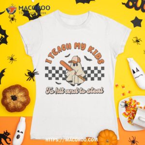 I Teach My Kids To Hit & Steal Baseball Retro Halloween Fall Shirt, Spooky Scary Skeletons