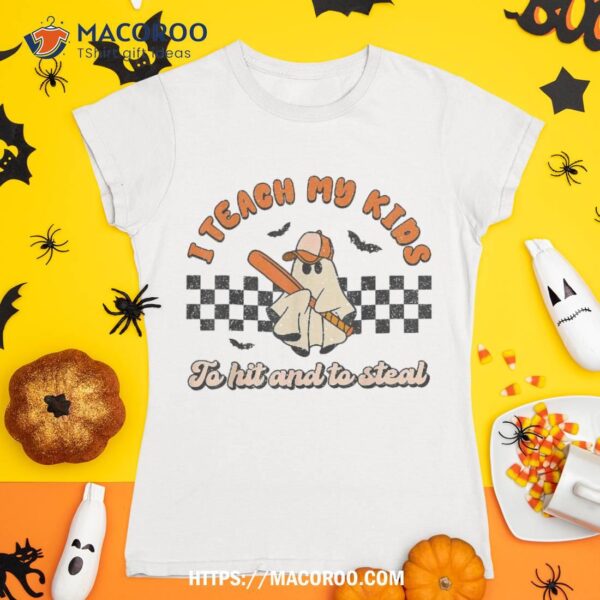 I Teach My Kids To Hit & Steal Baseball Retro Halloween Fall Shirt, Spooky Scary Skeletons