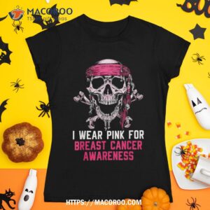 I Wear Pink For Breast Cancer Halloween Pirate Skull Lovers Shirt, Skeleton Head