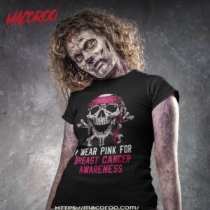 I Wear Pink For Breast Cancer Halloween Pirate Skull Lovers Shirt, Skeleton Head