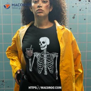 iced coffee skeleton drinking funny halloween skull shirt spooky scary skeletons tshirt 2