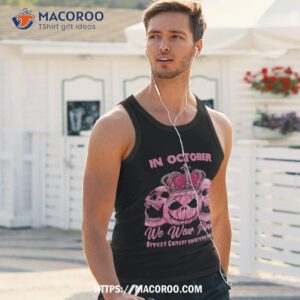 in october we wear pink halloween sugar skull breast cancer shirt skull pumpkin tank top