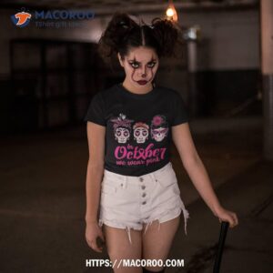 in october we wear pink ribbon sugar skull cancer awareness shirt spooky scary skeletons tshirt 3