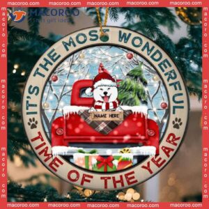 It’s Most Wonderful Time Of The Year Red Truck Circle Ceramic Ornament, Personalized Dog Decorative Christmas Ornament