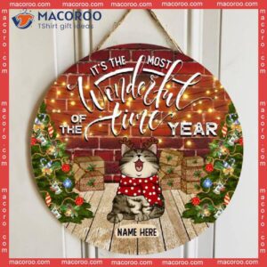 It’s The Most Wonderful Time Of Year, Red Brick Wall, Personalized Cat Christmas Wooden Signs