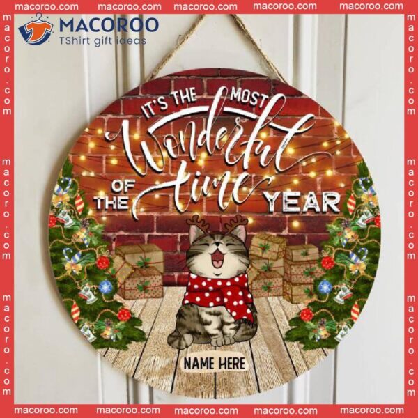 It’s The Most Wonderful Time Of Year, Red Brick Wall, Personalized Cat Christmas Wooden Signs