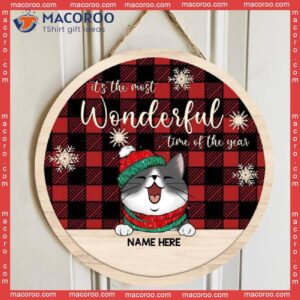 It’s The Most Wonderful Time Of Year, Red Plaid, Wooden Around, Personalized Cat Christmas Signs