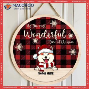 It’s The Most Wonderful Time Of Year, Red Plaid, Wooden Around, Personalized Dog Christmas Signs