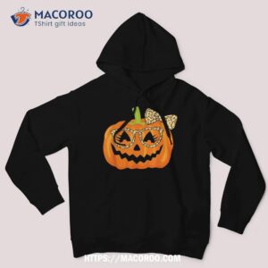 jack o lantern face pumpkin halloween leopard print glasses shirt hoodie
