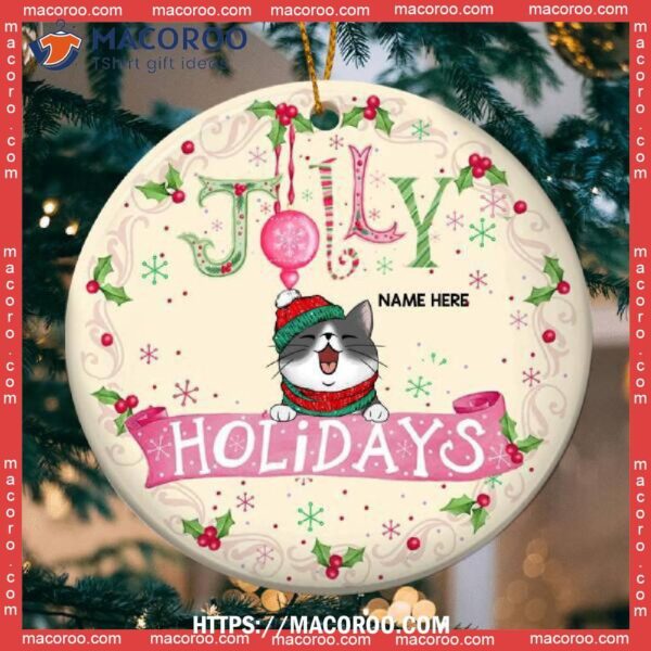 Jolly Holidays Pink Banner Beige Color Circle Ceramic Ornament, Hallmark Cat Ornaments