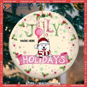 Jolly Holidays Pink Banner Beige Color Circle Ceramic Ornament, Paw Print Ornament