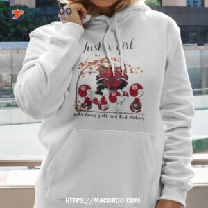 just a woman who loves fall and arkansas state red wolves peanuts cartoon shirt hoodie 2