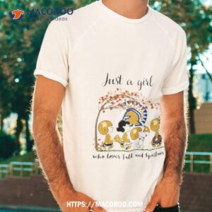just a woman who loves fall and san jose state spartans peanuts cartoon shirt tshirt