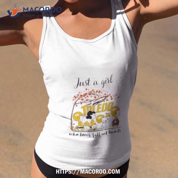 Just A Woman Who Loves Fall And Toledo Rockets Peanuts Cartoon Shirt