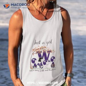just a woman who loves fall and washington huskies peanuts cartoon shirt tank top