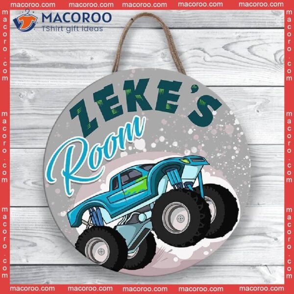 Kids Name Sign, Childs Door Hanger, Sign,personalised Boys Monster Truck Wall Art