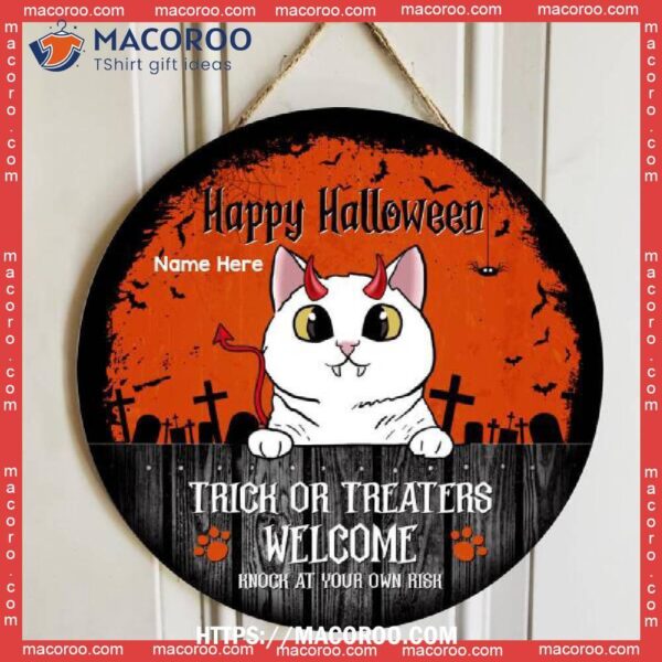 Knock At Your Our Risk, Personalized Cat Halloween Wooden Signs, Halloween Gift Ideas For Adults