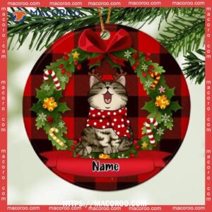 Laurel Wreath, Buffalo Plaid Circle Ceramic Ornament, Cat Ornaments For Christmas Tree
