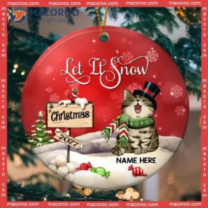 Let It Snow Christmas 2022 Gentle Cat Circle Ceramic Ornament, Personalized Lovers Decorative Ornament