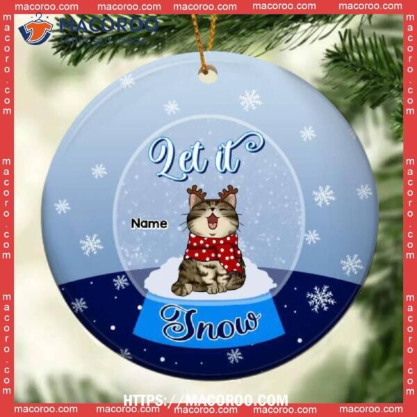 Let It Snow Circle Ceramic Ornament, Personalized Cat Lovers Decorative Christmas Ornament, Grey Cat Ornaments