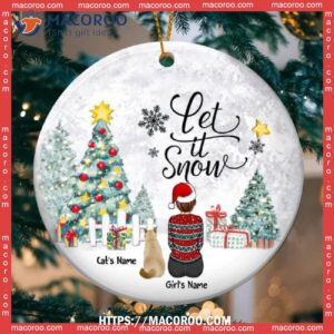 Let It Snow Girl & Cats Circle Ceramic Ornament, Grey Cat Ornaments