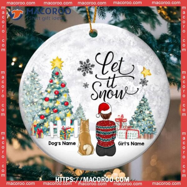 Let It Snow Girl & Dogs Circle Ceramic Ornament, Dog Memorial Ornament