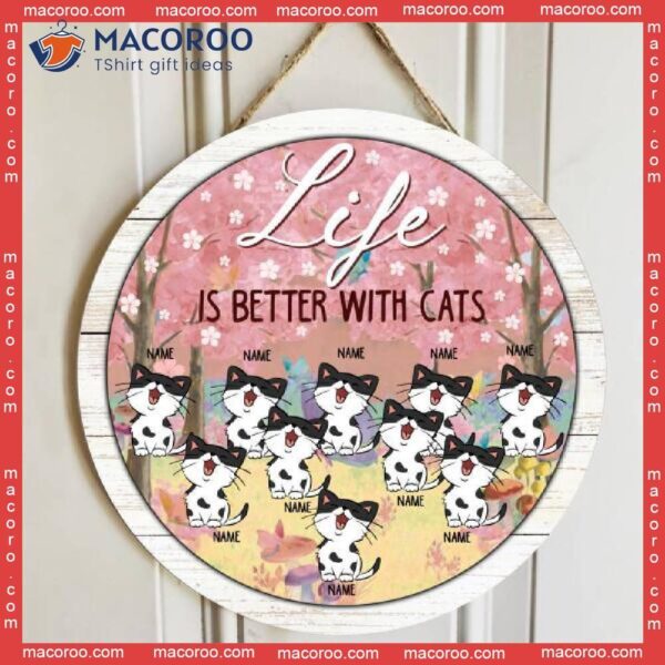 Life Is Better With Cats, Pink Tree, Personalized Cat Wooden Signs