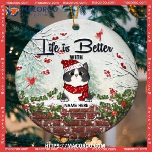 Life Is Better With Cats Red Berries Circle Ceramic Ornament, Grey Cat Ornaments