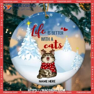 Life Is Better With Cats Watercolor Circle Ceramic Ornament, Kitten Ornaments