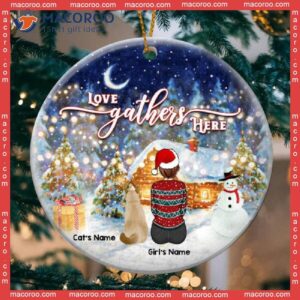 Love Gathers Here Sparke Light Night Circle Ceramic Ornament, Personalized Cat Lovers Decorative Christmas Ornament