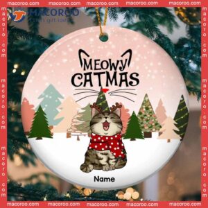 Meowy Catmas 2022 Circle Ceramic Ornament, Cat Wear Christmas Costume With Snowy Pink Background, Personalized Lovers Decorative Christm